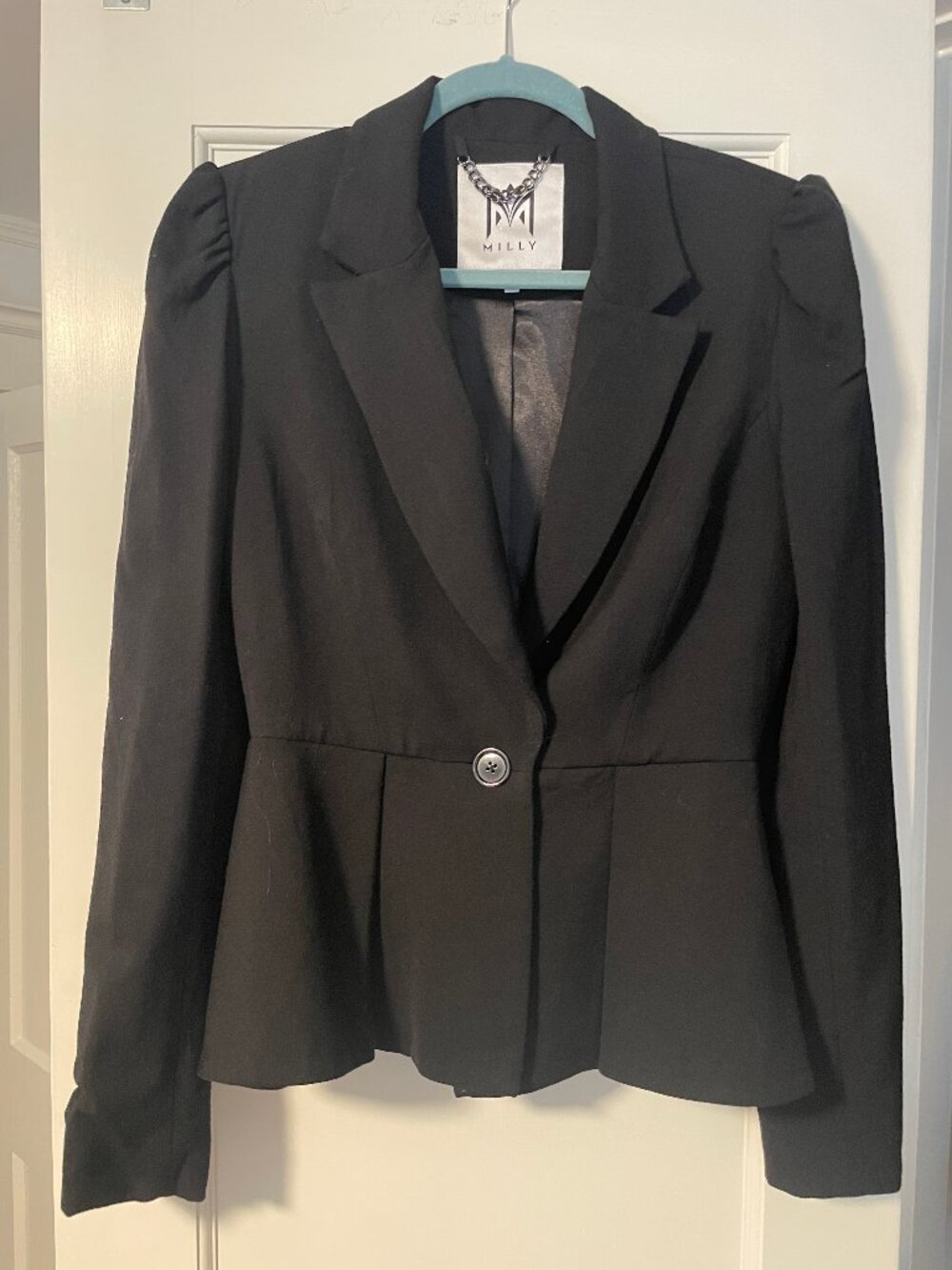 Milly Black Wool Puff Shoulder Fitted Blazer Jacket Size 10